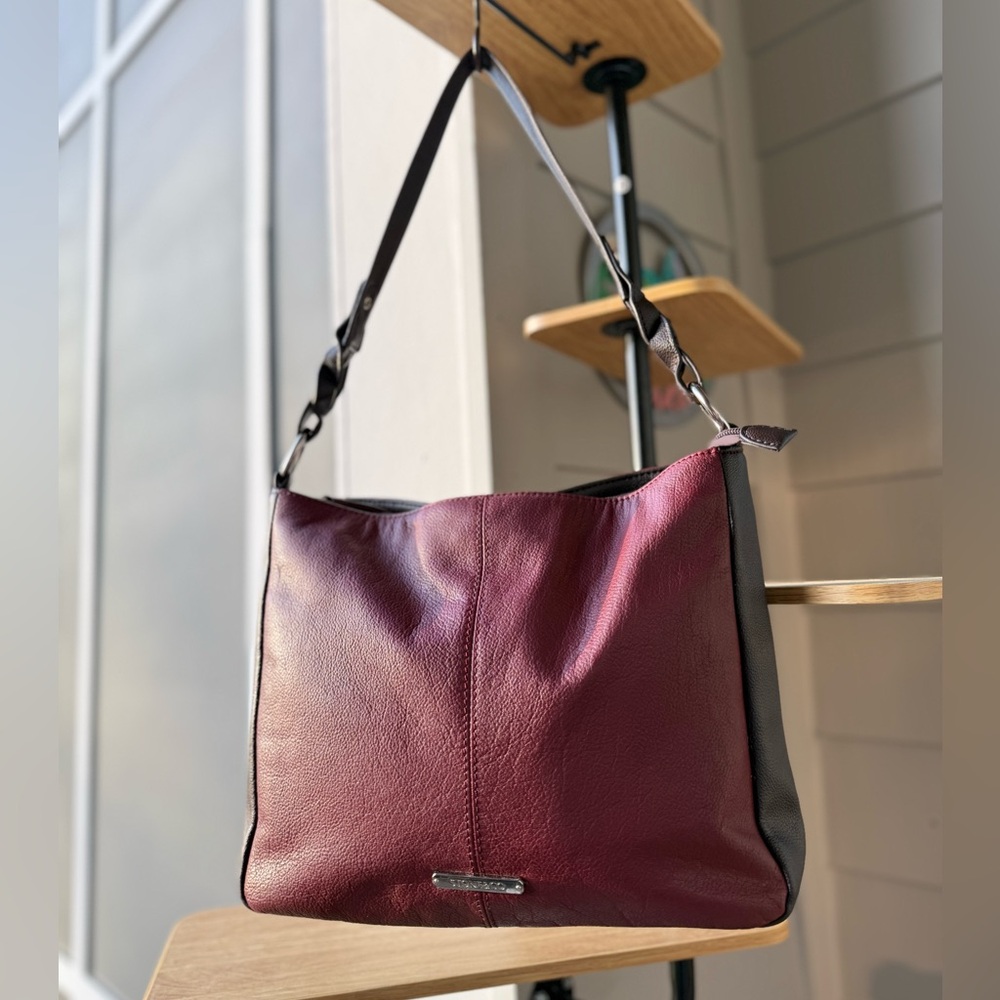 Stone & Co Genuine Leather Two Tone Burgundy Black Shoulder Bag Purse